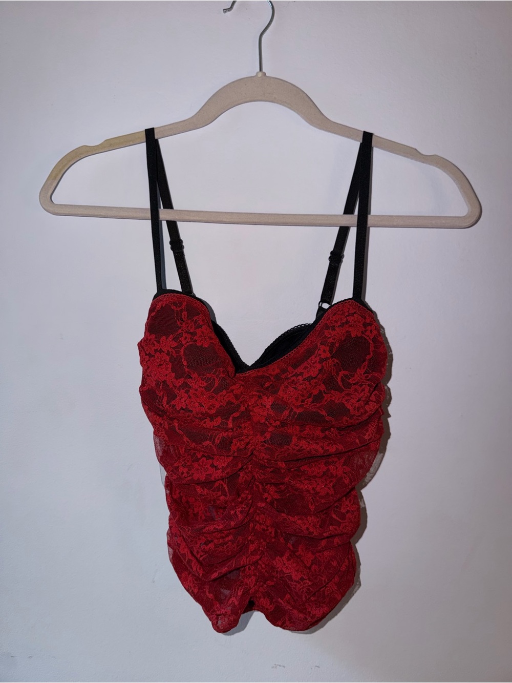 Red Lace Ruched Tank Top with Black Straps